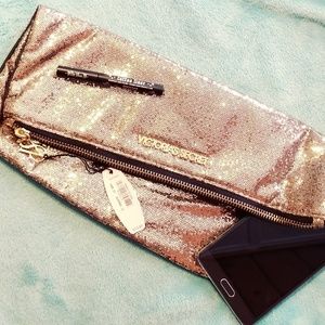NWT victoria secret gold glitter clutch & mirror